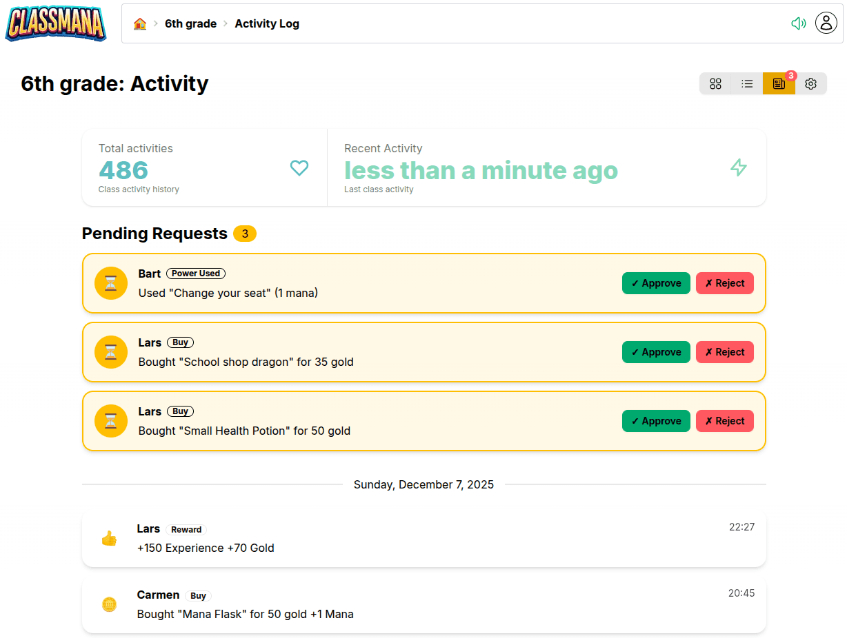 Activity page with pending requests