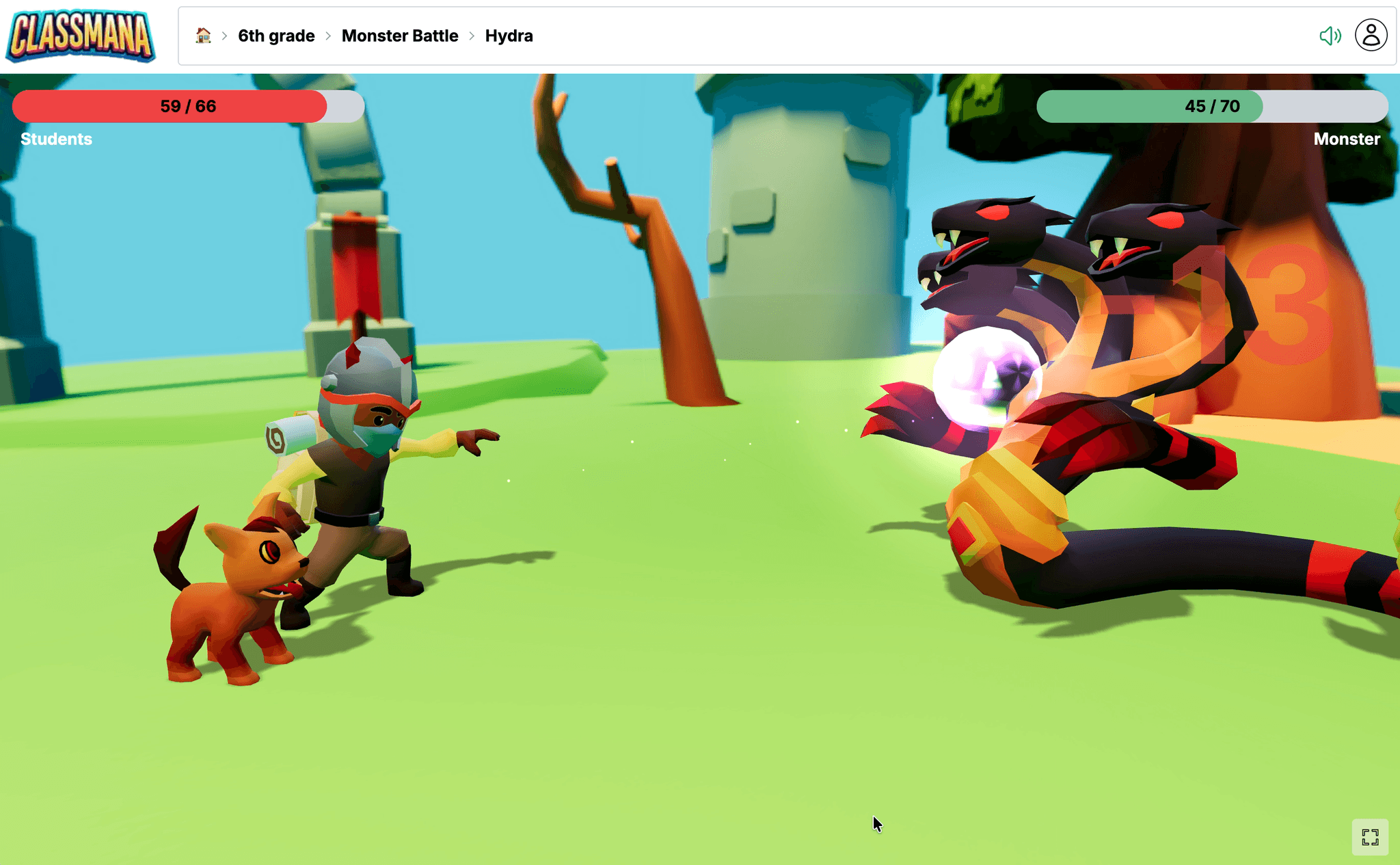 ClassMana Monster Battle — students defeat monsters by answering questions correctly